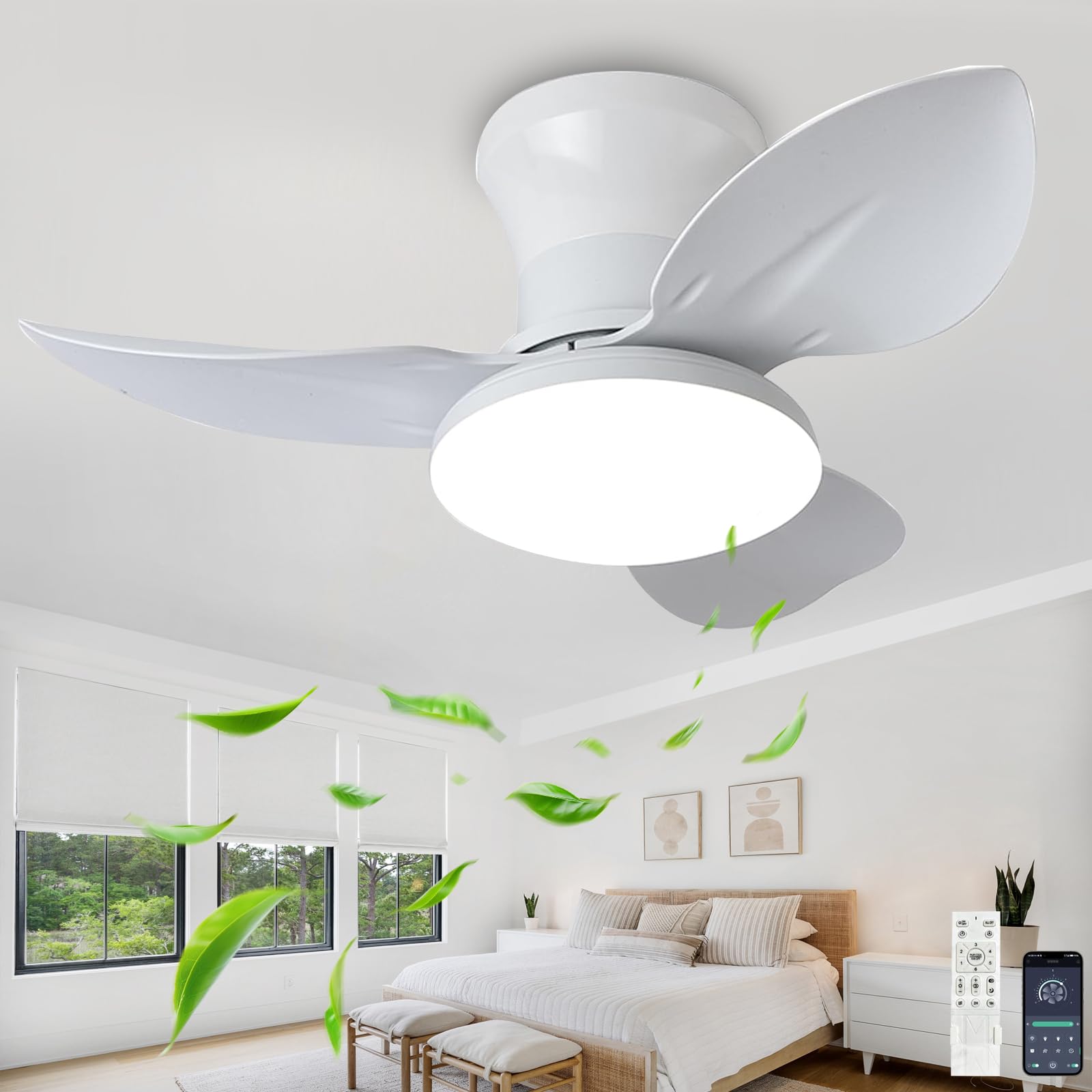 SXDMOUBK Small Fan Light Ceiling Reversible Mute 6 Speed Ceiling Fan with Lighting Led Dimmable Timer Living Room Ceiling Fans with Lights and Remote Modern Chandelier Light
