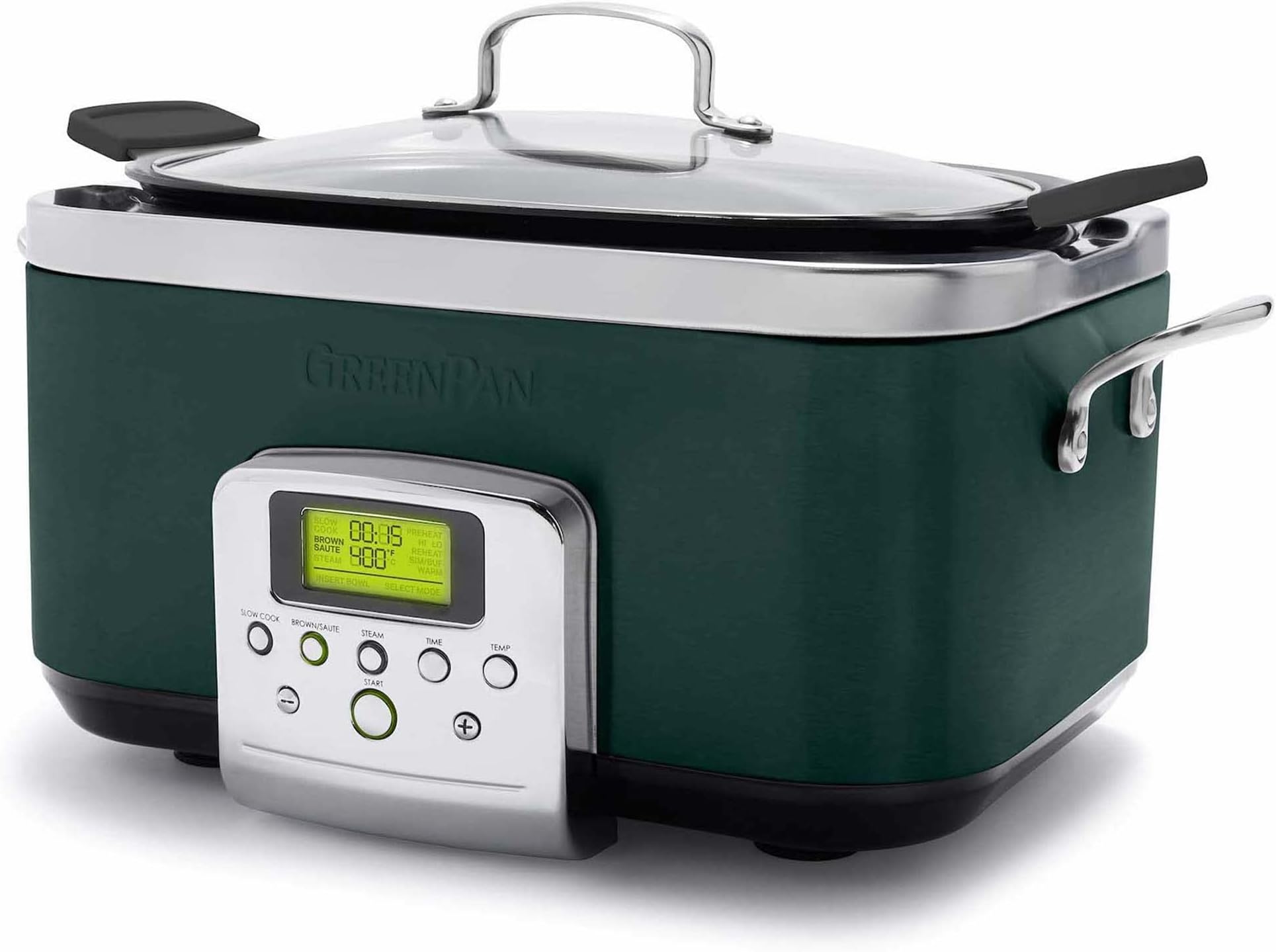 GreenPan Elite 8-in-1 Programmable 6QT Electric Slow Cooker,Dishwasher Safe Lid & Removable Crock, PFAS-Free Healthy Ceramic Nonstick Multi-Cooker, Sear, Sauté/Brown,Steam Basket,Roast, Pine Green