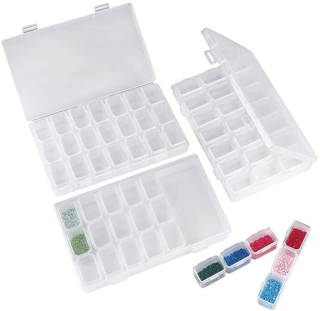 3 Pack Removable Diamond Embroidery Box, Each Clear Storage Box with 28 Mini Compartments Grids, 5D Diamond Painting and Cross Stitch Tools Accessory Containers for DIY Art Craft