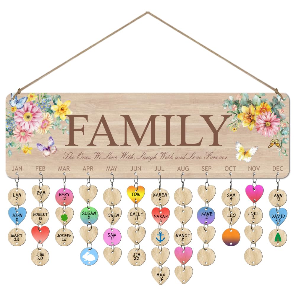 arricraft Wooden Birthday Reminder Calendar, 40x12cm/15.7"x4.7" Family Watercolor Flowers Birthday Anniversary Reminder Wood Plaque with 100pcs Wood Tags for DIY Birthday Tracker Family Wall Decor