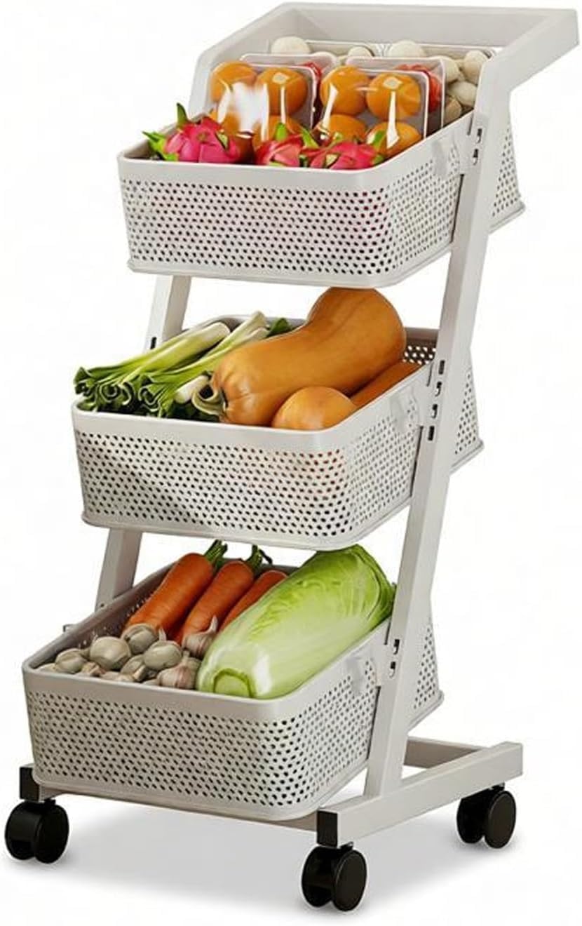 KEhtu Estantería Móvil Multinivel para Frutas Y Verduras con Ruedas, Organizador De Aperitivos De Pie con Cestas, Carrito Rodante De Supermercado con Estantes para White 3-Tier-35.5x40.5x96cm