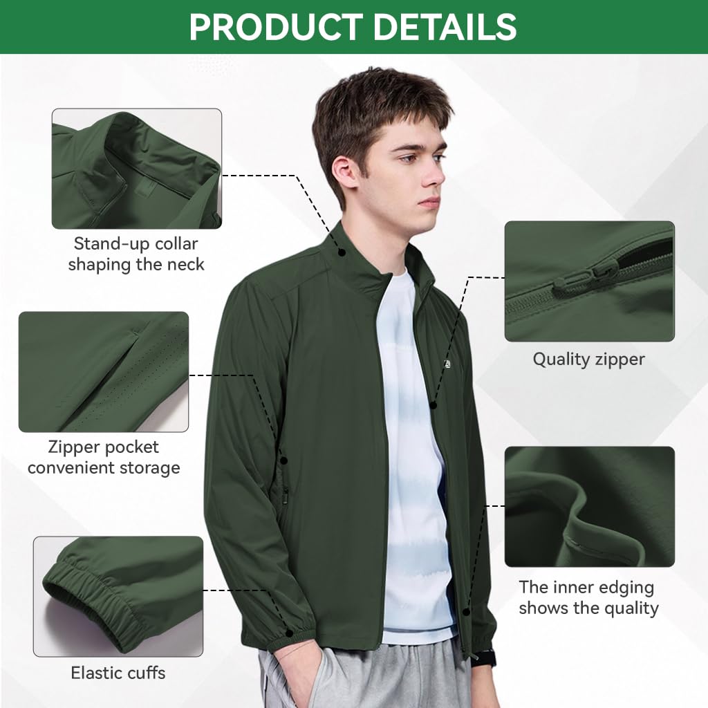 Venzina® Men's UPF 50+ Sun Protection Jacket, 4-Way Stretch Quick-Dry Windbreaker with Breathable Mesh & Elastic Cuffs, Sunscreen Jacket for Men - Hiking, Travel, Dark Green-L 4