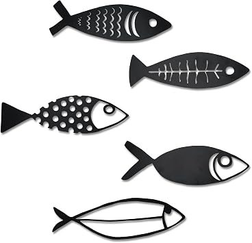 Rajukit 5 Pcs Metal Fish Nautical Beach Wall Decor Hanging Fish Wall Sculpture Decor Lake House Ocean Decor Vintage Fish Ornaments for Home Bathroom Bedroom Kid's Room