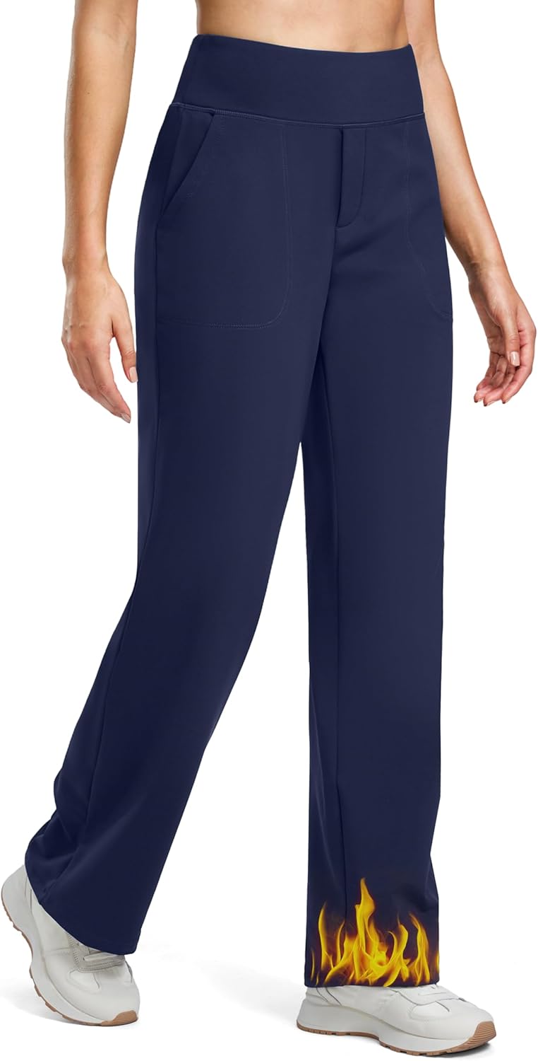 Soothfeel Fleece Lined Pants Women 29"/31"/33" High Waisted Wide Leg Sweatpants with Pocket Winter Warm Work Yoga Dress Pants