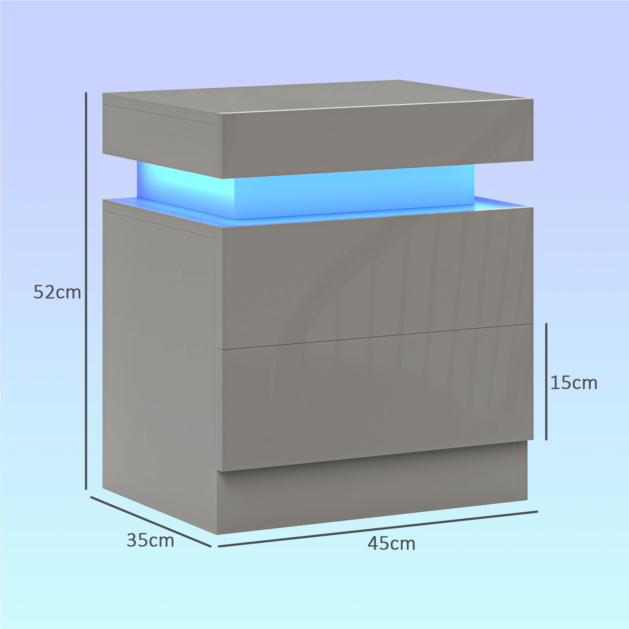 HOMCOM Stolik nocny z przodu o wysokim połysku, stolik nocny ze światłem LED RGB i 2 szufladami, komoda do sypialni, salonu, szara