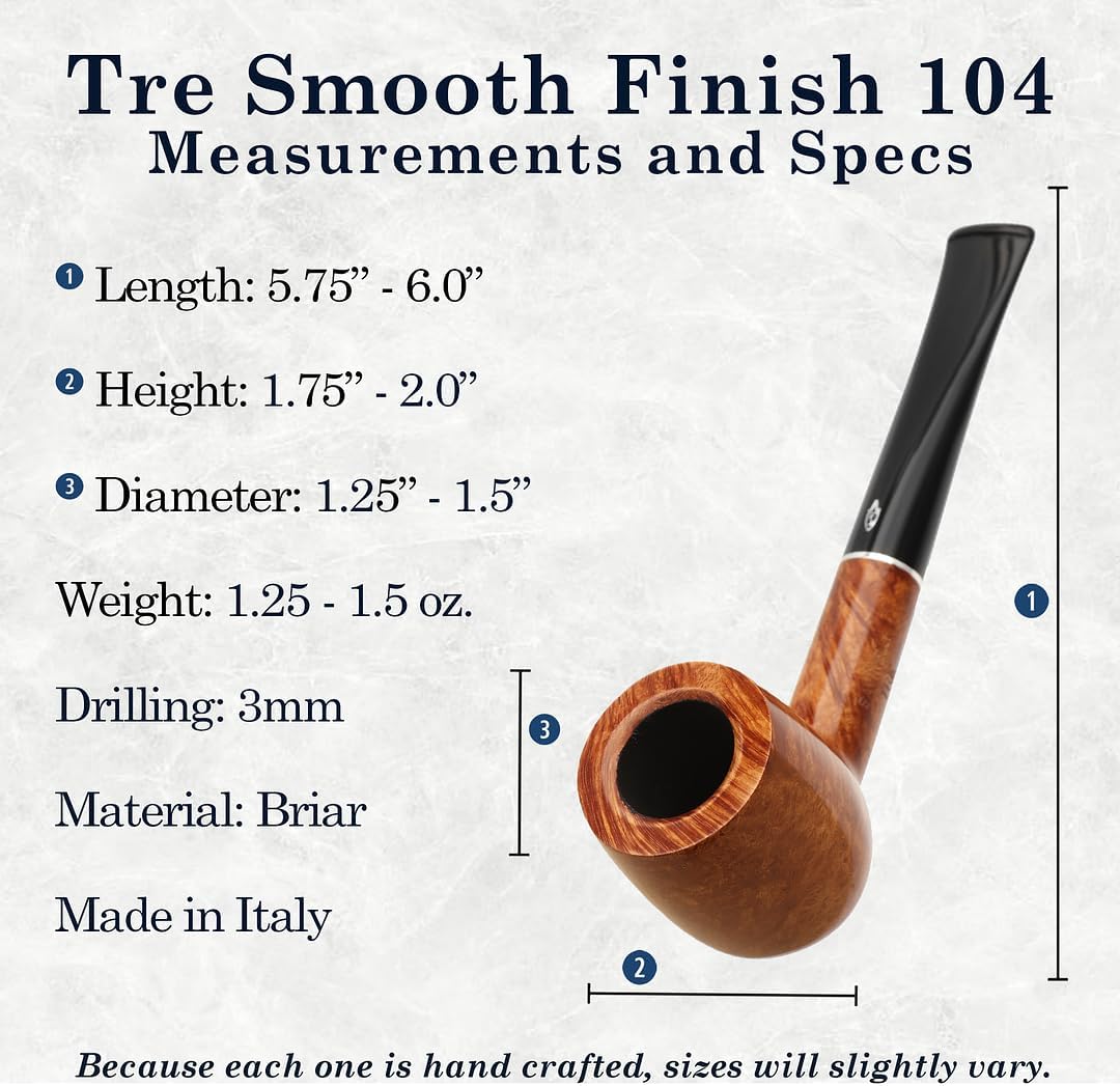 Savinelli Pipes Tre Collection - Mediterranean Wood Briar Pipe, Polished Finish, 3mm (Tre Polished 104)