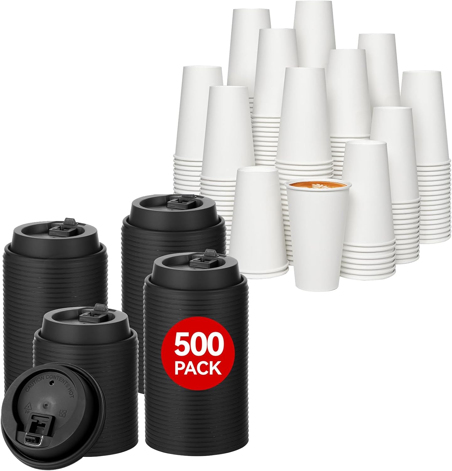 JOLLY CHEF 500 Pack Disposable Plastic Black Lids 3.6'' for 10, 12, 16, 20 oz Paper Coffee Cups, 1000 Pack Paper Coffee Cups 16 oz