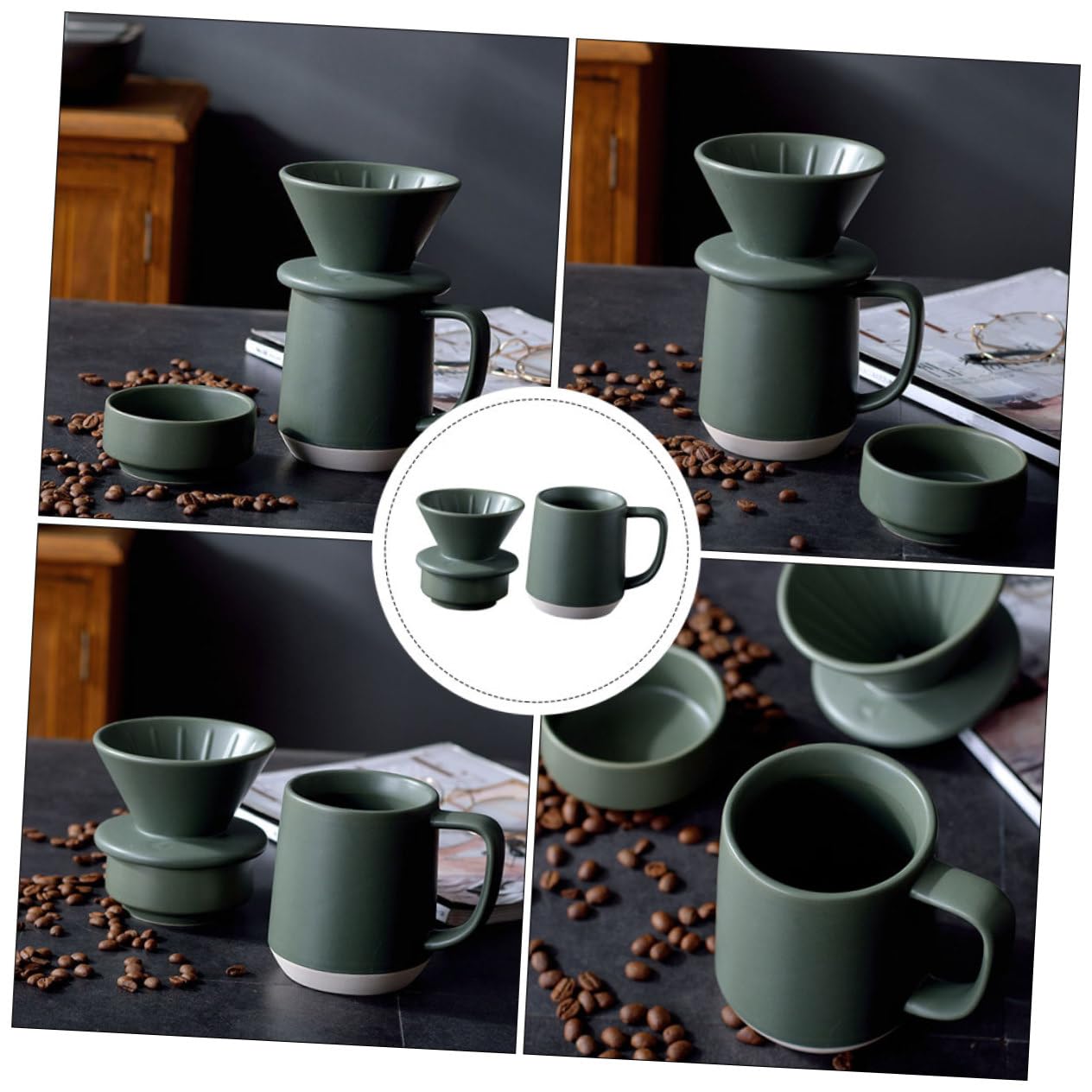 Taza de Café de Cerámica Filtro Manual para Preparar Café | Verde Detalles Delicados , Formato Ligero y Portátil y Filtrado Fino Uso Práctico , Diseño Simple