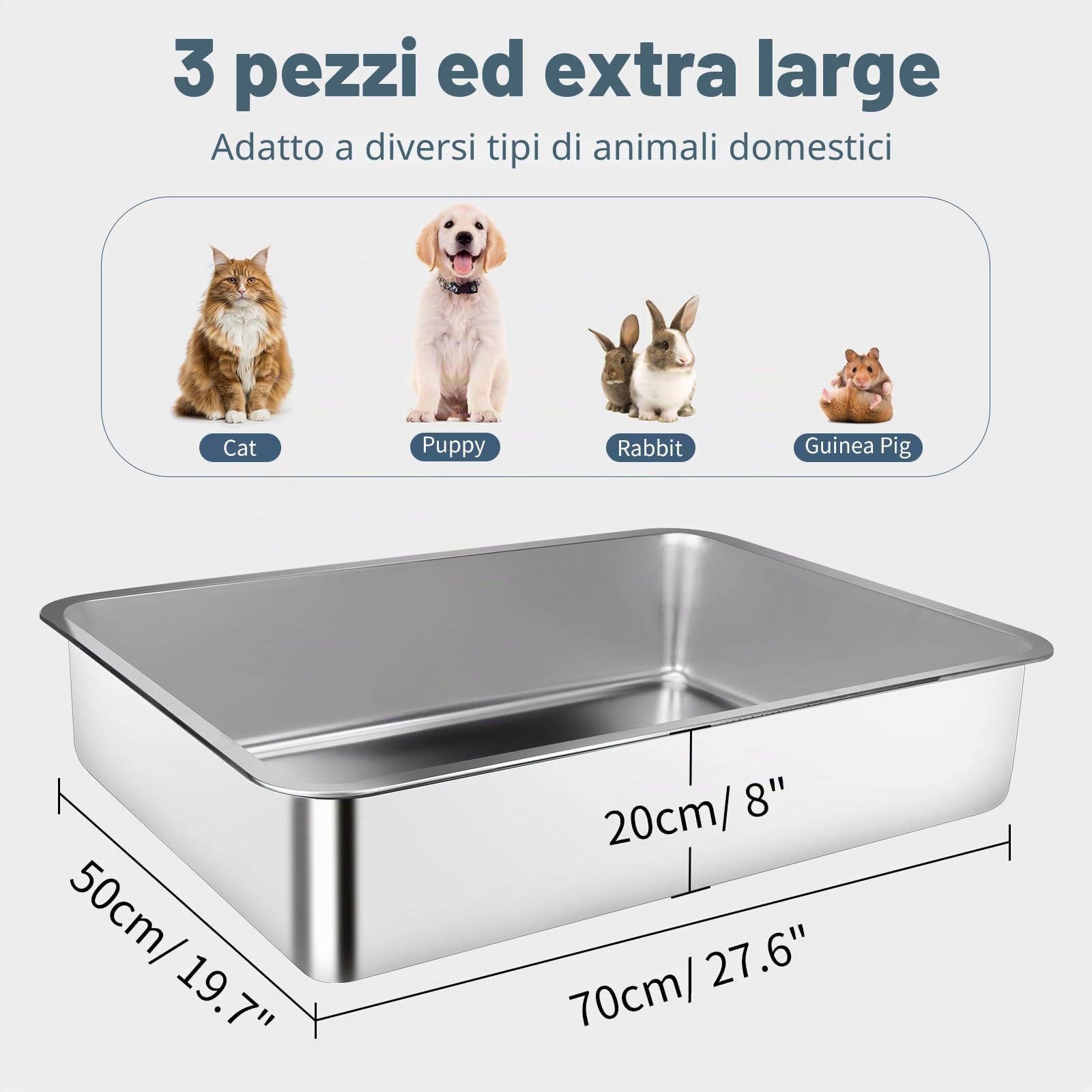 Lettiera per gatti in acciaio inox, confezione da 3, 70 x 50 x 20 cm, con bordi alti in metallo, extra large, a tenuta stagna, antiaderente e inodore