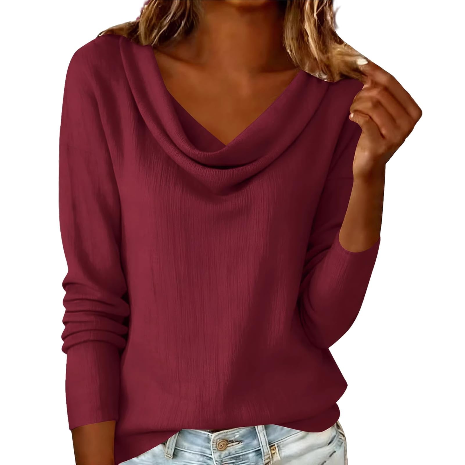 Blusa de manga larga para mujer, cuello vuelo, ajuste holgado, color puro, para ocio, trabajo, fiesta, vacaciones, oficina, uso casual