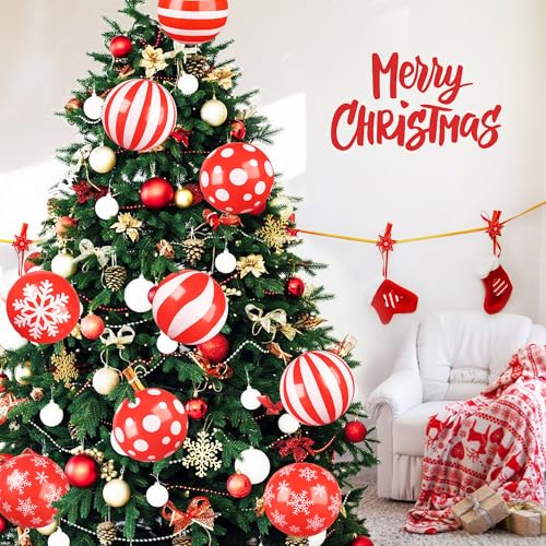 12PCS Inflatable Christmas Ball Ornaments 8inch PVC Inflatable Christmas Tree Balls Red White Hanging Ball Ornaments Decor for Winter Home Outdoor Lawn Yard Porch Door Xmas Holiday Party Decoration