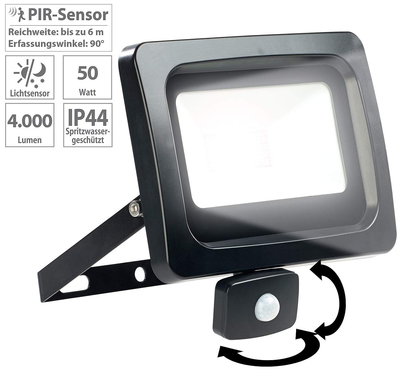 Luminea LED-Strahler Sensor: Mini-LED-Fluter, PIR-Sensor, 50 Watt, 4.000 lm, tageslichtweiß, IP44 (Flutlicht Bewegungsmelder, Fluter mit Bewegungsmelder außen, Garten)