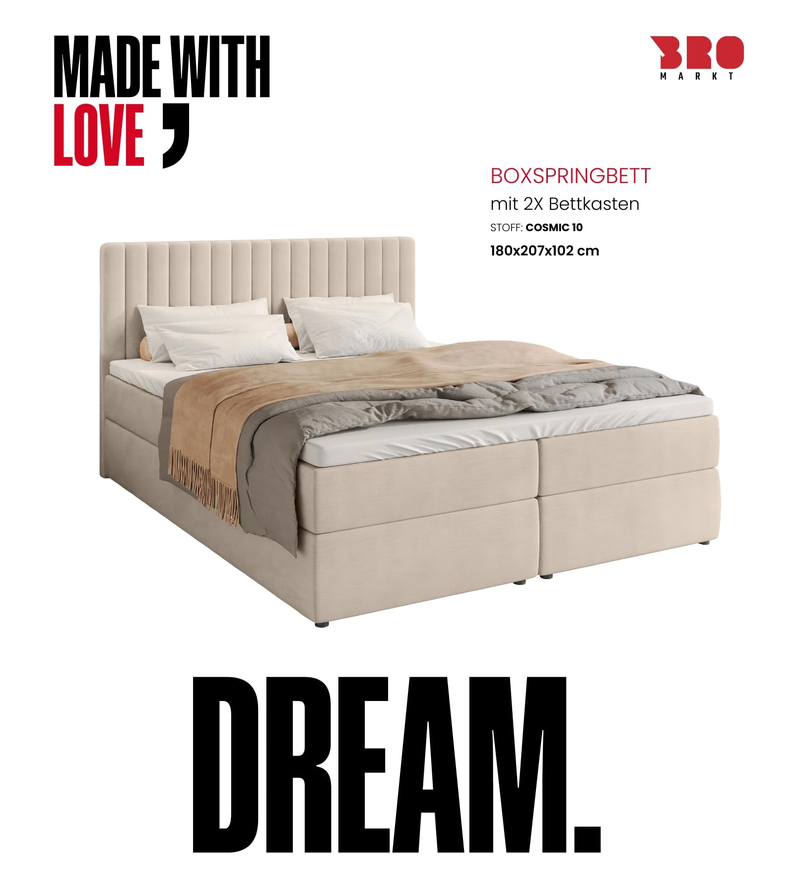 BROMARKT Boxspringbett 180x200 mit Bettkasten Topper Härte H3 Beige