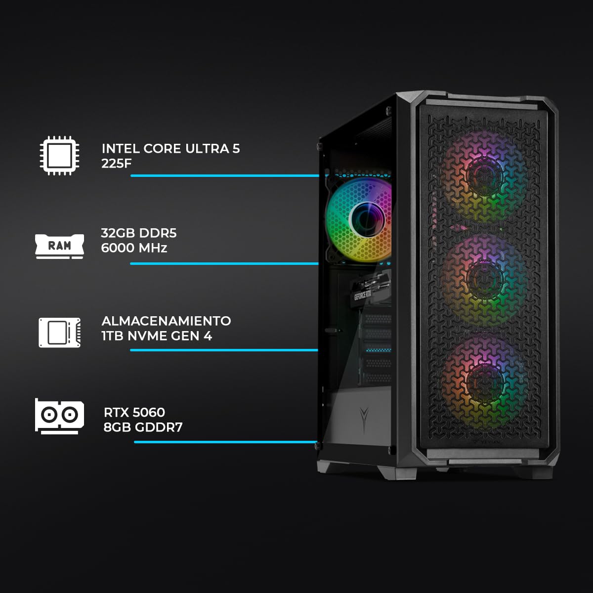 YEYIAN PC Gaming Intel Core Ultra 5 225F 4,9 GHz Nvidia GeForce RTX 5060 8 Go GDDR7 32 Go DDR5 1 To SSD WiFi 6 Win 11 Pro