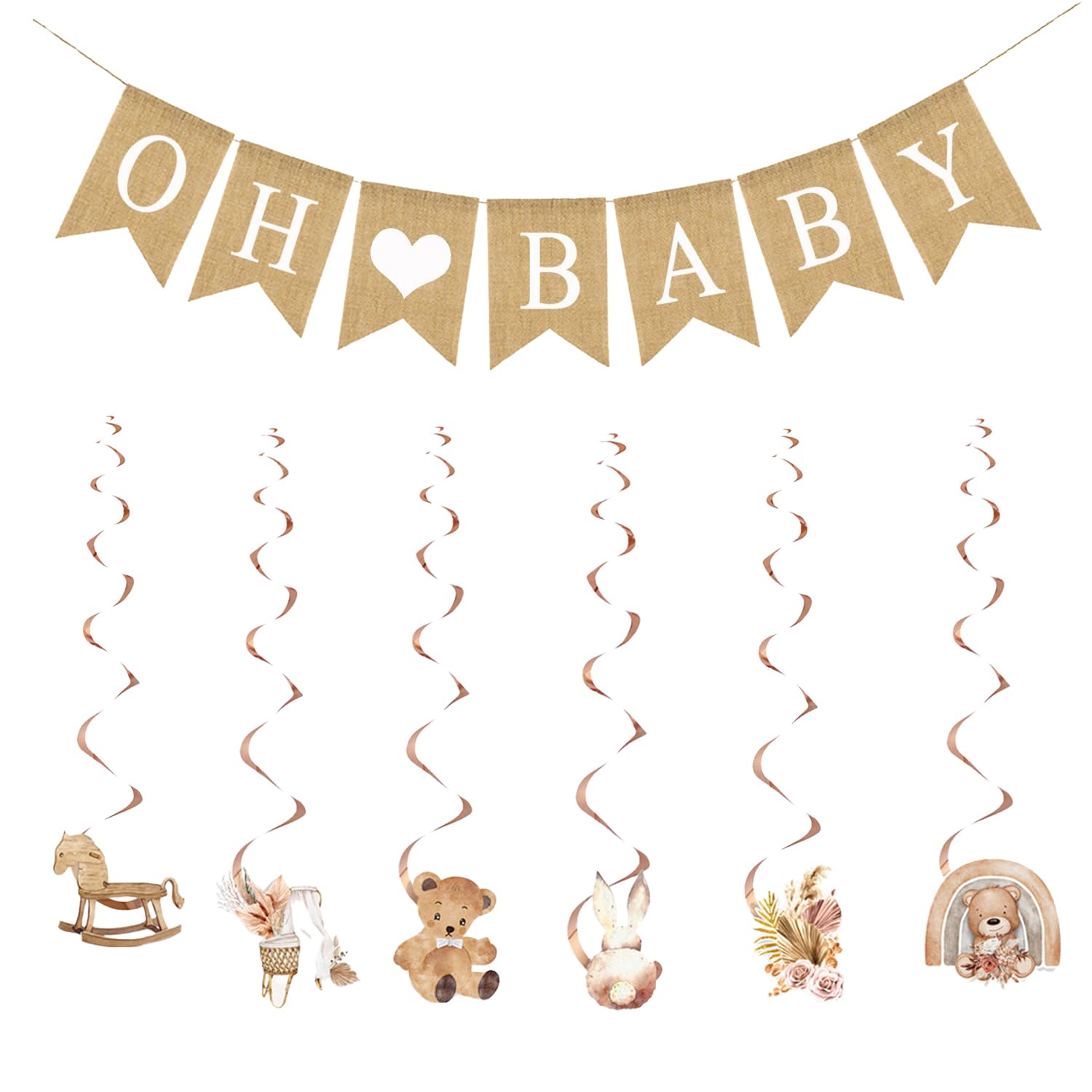 FIGCY Baby Shower Decoration Set, Burlap OH BABY Banner with Heart Bunting and 6Pcs Spiral Hanging Swirls with Teddy Bear Bunny Rocking Horse for Boy Girl Neutral Party Supplies
