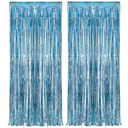 Image of Blue Tinsel Curtain Party Backdrop - GREATRIL Foil Curtain Party Photo Streamers Backdrop for Frozen /Mermaid /Under Sea /Baby Party Decorations - Pack of 2