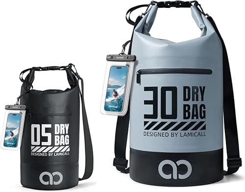 Lamicall Mochila impermeable de 30L y 5L Dry Bag - Bolsillo con cremallera Bolsa impermeable con parte superior enrollable Gris azulado y negro
