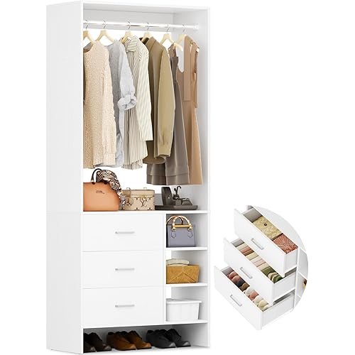 Aheaplus 2.5FT Closet System with 3 Drawers, 29.5’’ Closet Organizer, Wood Closet Organizer System, Walk-in Closet or Small Closets Wardrobe, Clothes Rack with Hanging Rods,-E6, White