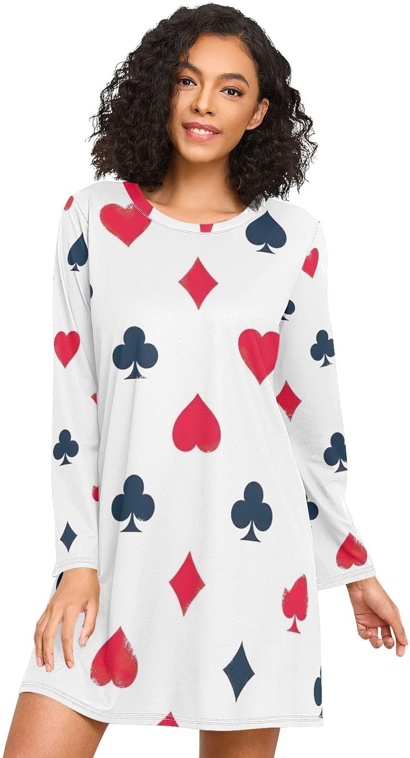Womens Sleep Shirts, Long Sleeve Womens Nightgown, Comfortable Ladies Night Dress for Autumn, Grunge Card Suits White