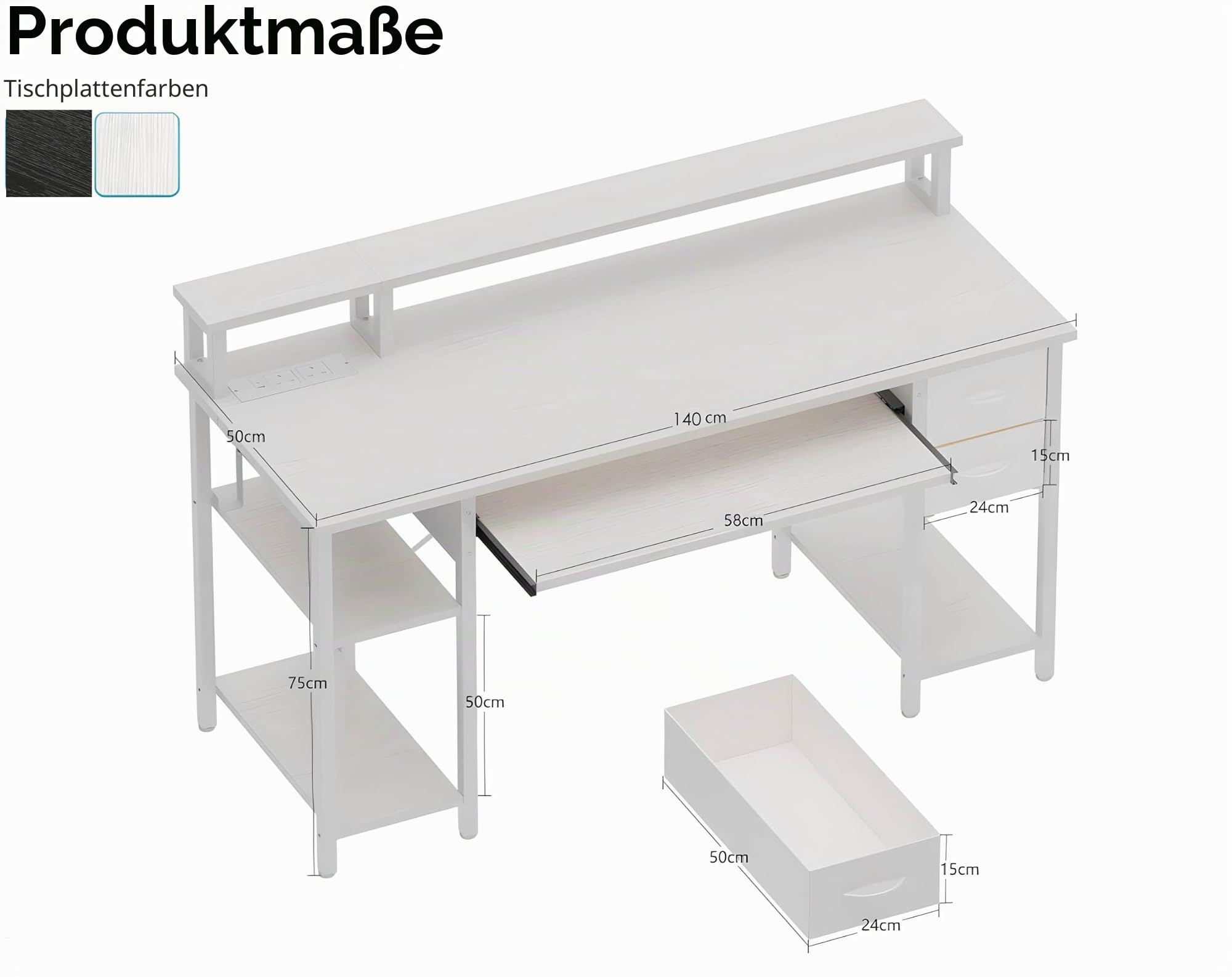Schreibtisch mit 2 Schubladen, Computertisch Gaming Tisch mit Tastaturablage, Höhenverstellbarer Seitenablage, Monitorständer und Steckdose für Home Office und Wohnzimmer, 140x50 cm, Schwarz