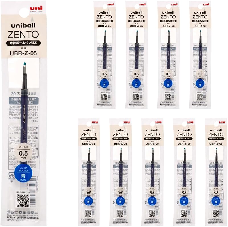 uniball ZENTO Water-Based Ink Refill UBR-Z-05, 0.5mm Fine Point, Blue, Compatible with uniball ZENTO Pens, UBRZ05.33, Pack of 10
