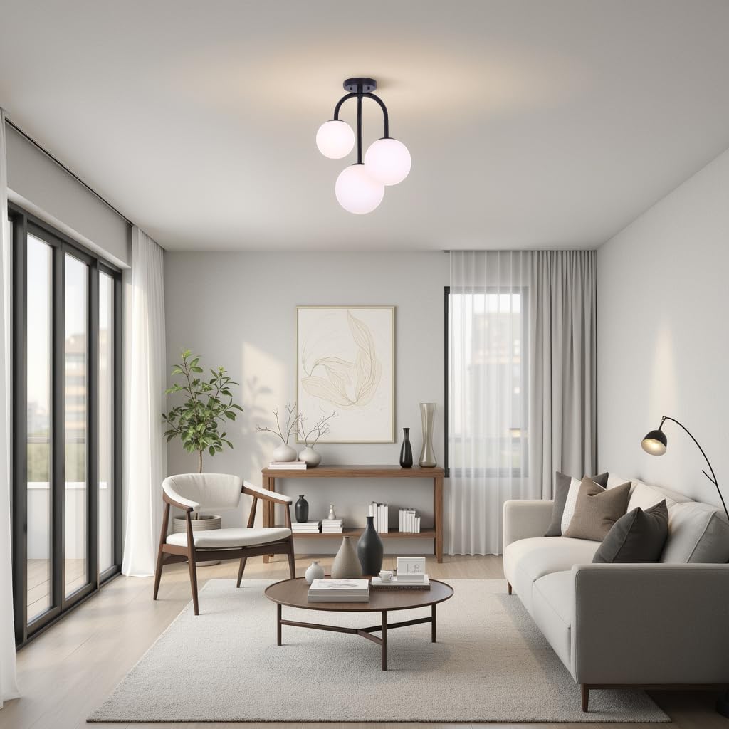 GILLA 3 Light Semi Flush Mount Ceiling Light Matte Black Finish with Flat Opal Glass Globes Damp Rated Modern Lighting for Bathroom or Bedroom