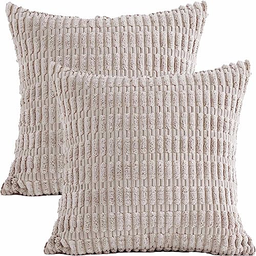Tennove Cushion Covers 45x45cm Soft Corduroy Square Cushions Pillow Covers Set of 2 Boho Striped Decorative Throw Pillow Cases for Farmhouse Home Sofa Decor Light Grey