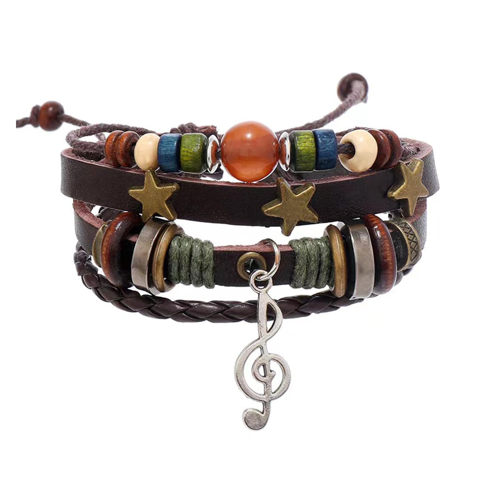 POYAMUSE Retro Leather Bracelet with Colorful Beads, Star and Music Note Charms, Y2K Style Butterfly Charm Leather Bracelet for Women Men Vintage