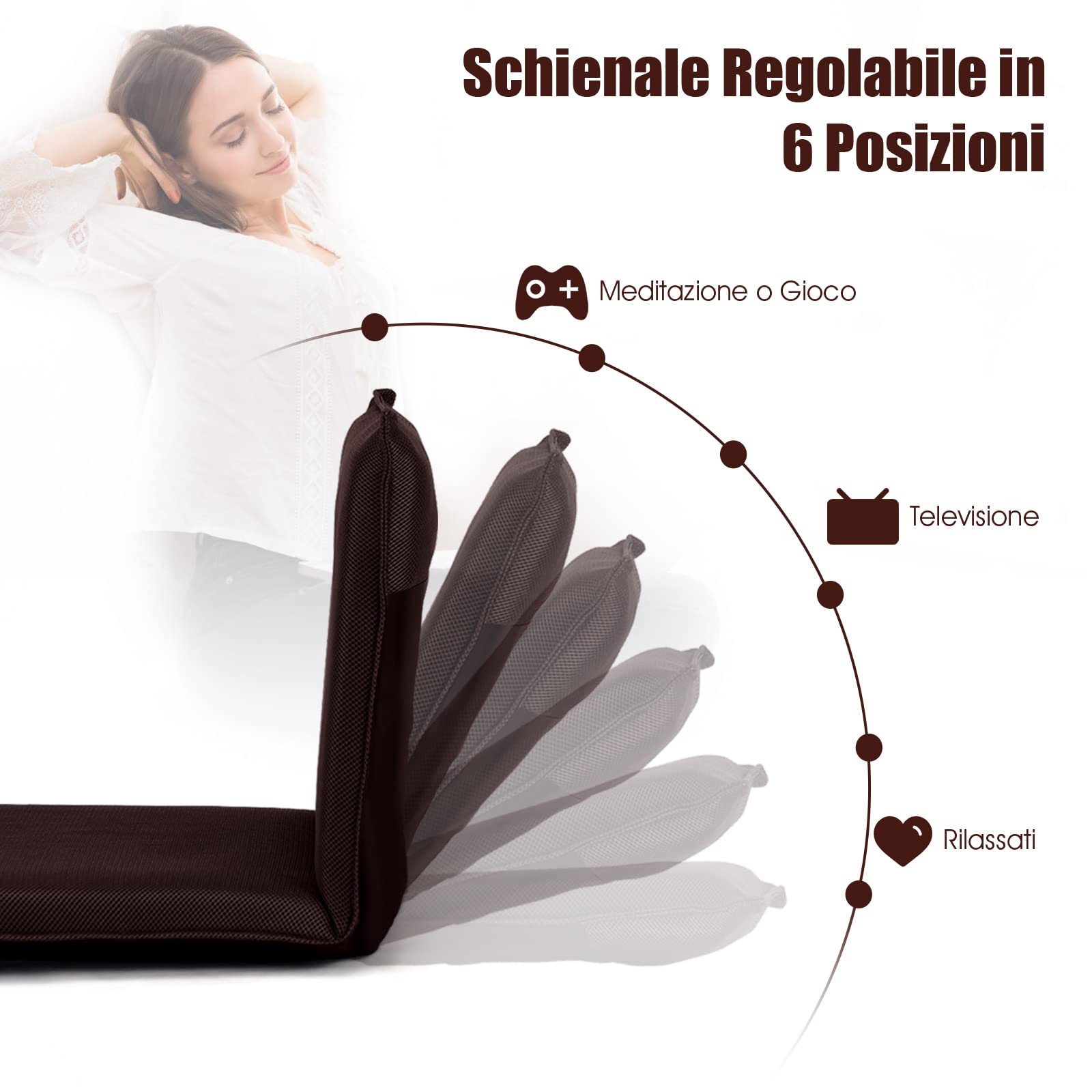 RELAX4LIFE Sedia da Terra Reclinabile, Poltroncina con Imbottitura Spessa e Schienale Regolabile in 6 Posizioni, Sedia da Pavimento Versatile per Soggiorno/Studio/Balcone (Marrone)