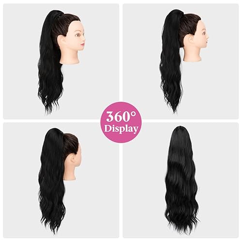 Miniatura 3 de Extensión de pelo largo negro con cordón para cola de caballo de 22 pulgadas, sintético en capas falsas para mujer