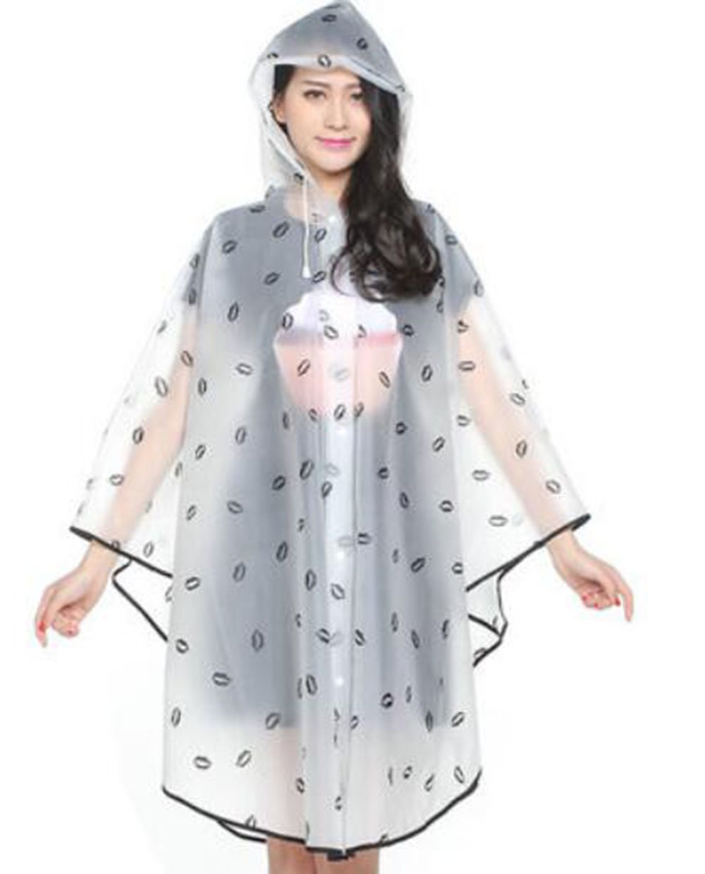 Women Fashion EVA Hiking Raincoat Travel Rain Cape Poncho (Transparent-Black)