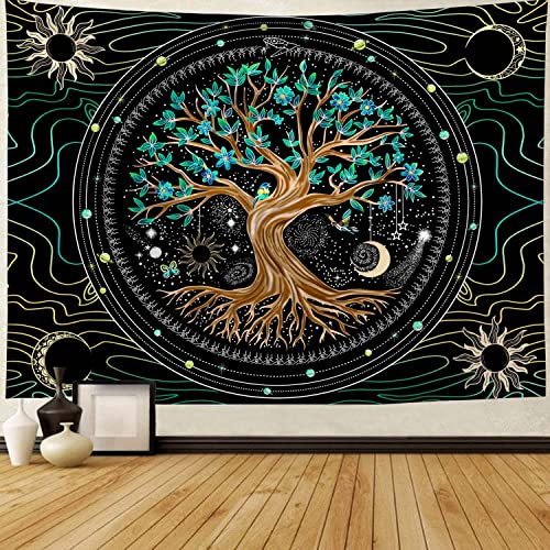 AACKart Wandteppich Baum des Lebens – spiritueller Wandteppich für Schlafzimmer, ästhetischer Sonne, Mond, Wandteppich, Baum-Wandteppich, Wandbehang – 150 x 130 cm