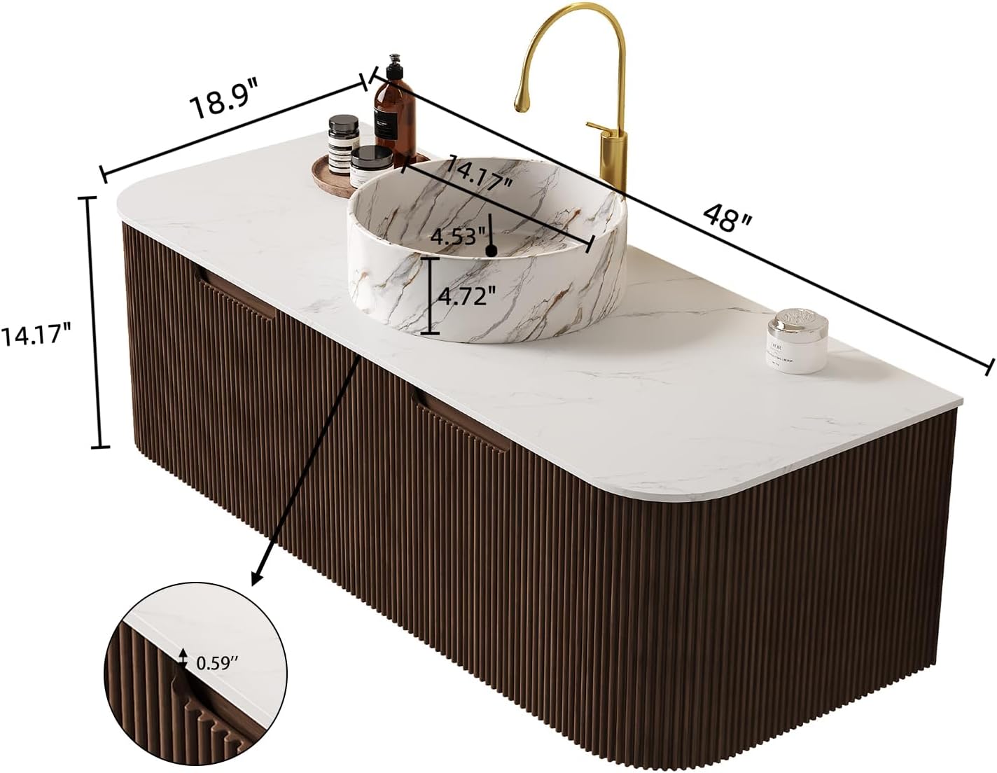 48” Floating Bathroom Vanity with Sink, Fluted Wall-Mounted Solid Wood Cabinet, White Marble-Pattern Ceramic Basin, Faux Marble Top, Soft-Close Drawer, Pre-Assembled, Walnut Woodgrain