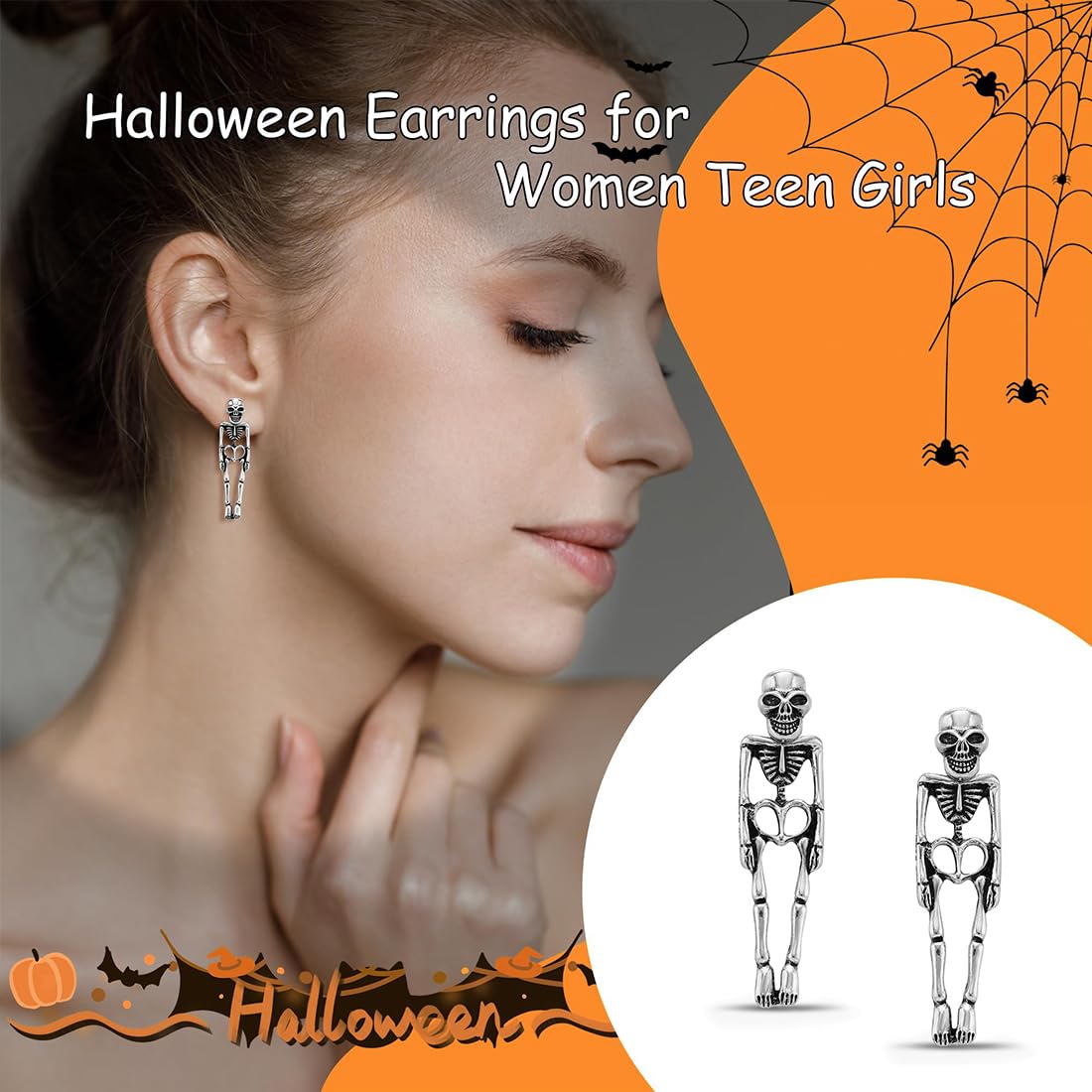 JEYORZY 1 par de pendientes de Halloween esqueleto para hombre, pendientes góticos punk, pendientes de calavera largos, pendientes de calavera para hombre y mujer