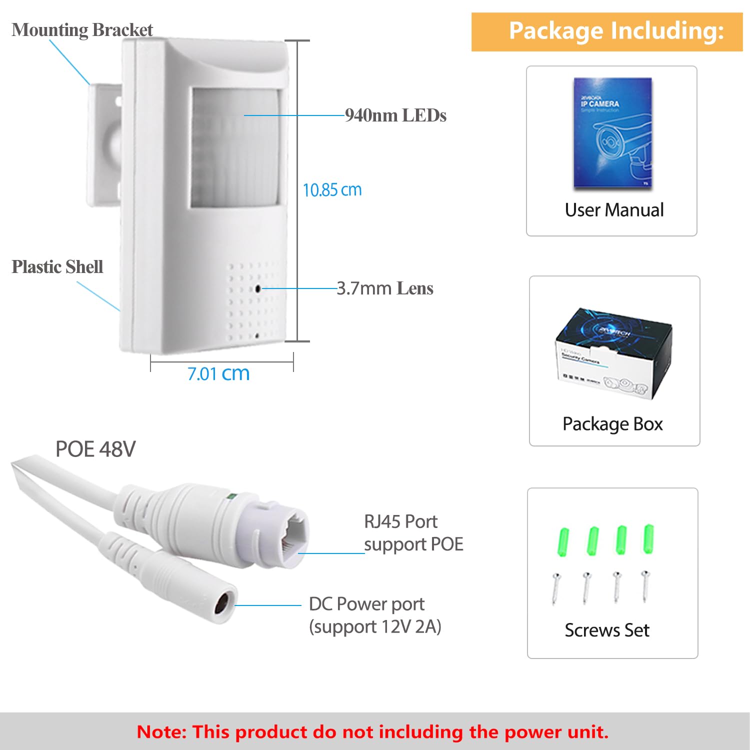 Caméra IP POE HD 5MP PIR 940nm LED Invisible Intégrée au Micro-Phone, Objectif 3.7mm 80° View Day and IR Night Vision CCTV Caméra de sécurité intérieure, P2P H.265 Motion Detection (IPIR-P-A-HS)