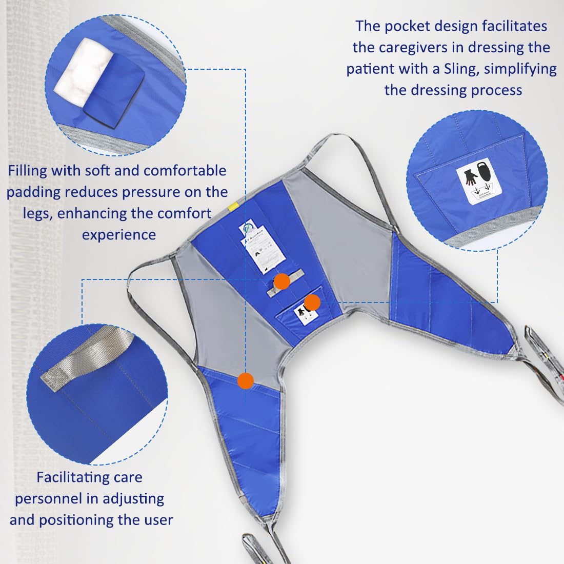 EZ Assistive Écharpe de levage pour patient, jambe divisée avec dossier bas ou haut, sangle de levage pour transfert, positionnement et levage, capacité de poids de 226,8 kg (dos moyen-bas)