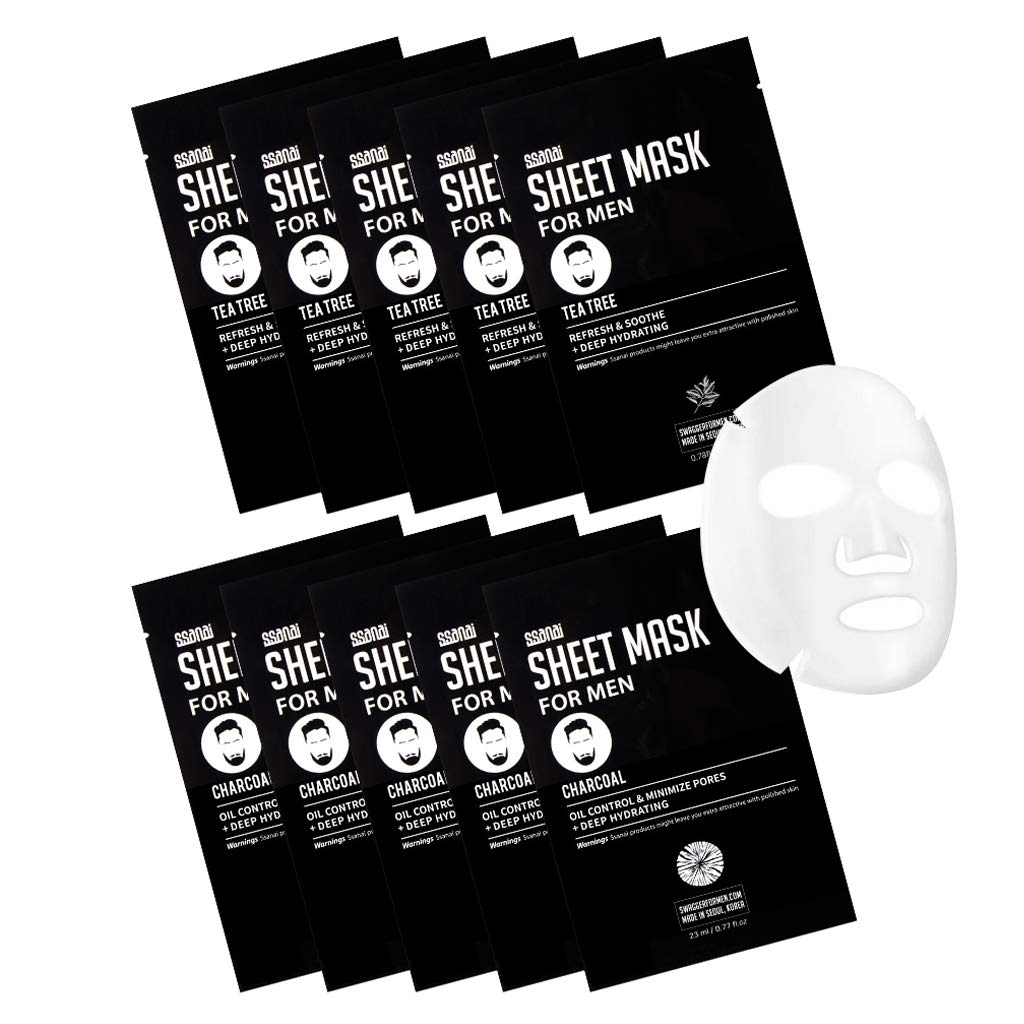 Charcoal & Tea Tree Mask fo Men 27ml Pack of 10 - Hydrating and Oil Control Pore Care Men Facial Mask Sheet, Refrehsing & Soothing, Acne Oily Skin, After Shave Skin Care