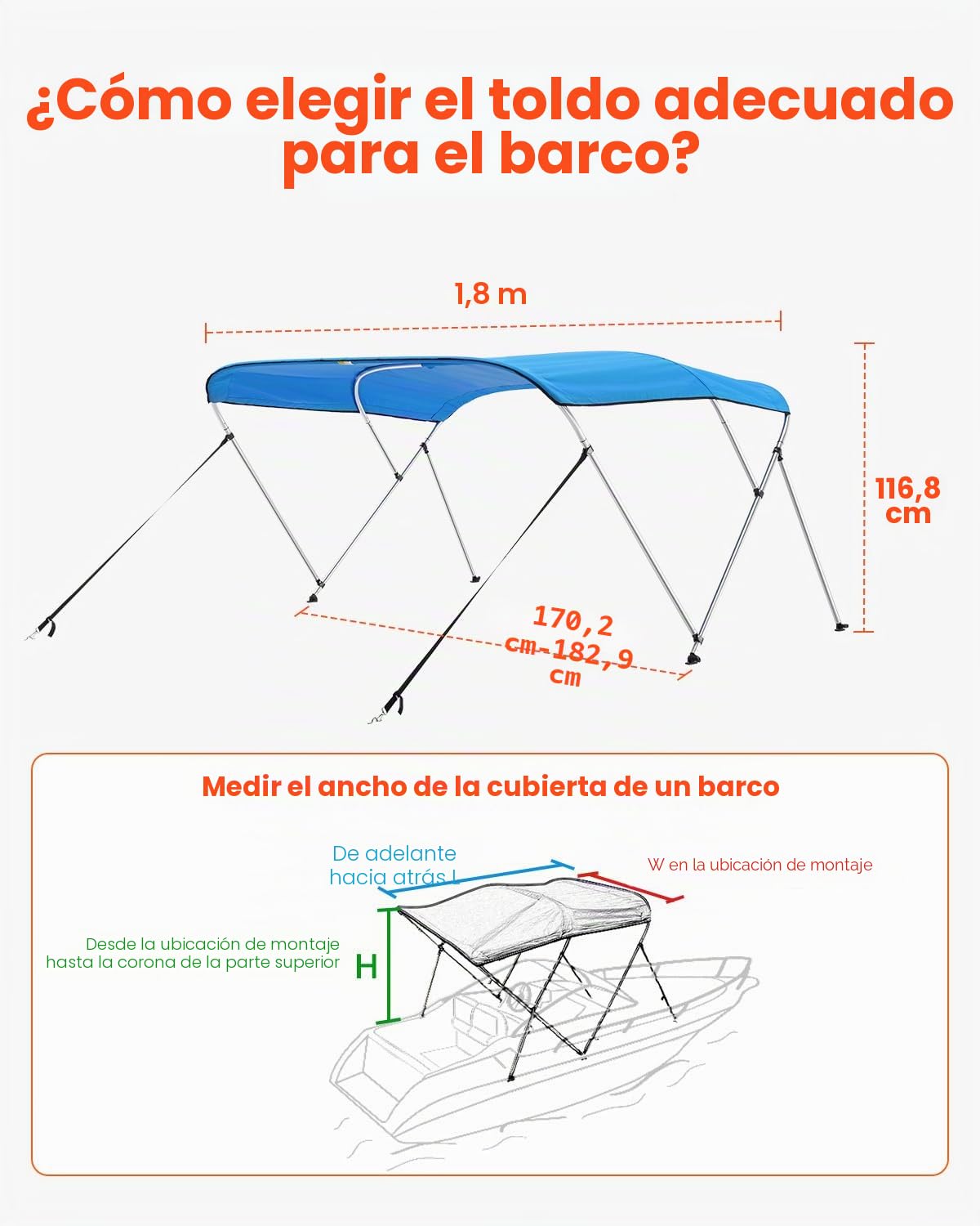 VEVOR Toldo Bimini para Barco de 3 Arcos, Poliéster 600D con Estructura Aleación de Aluminio, Impermeable, Protección Solar, con Bolsa de Almacenamiento, 180 x 169,5 x 117,5 cm, Azul Pacífico