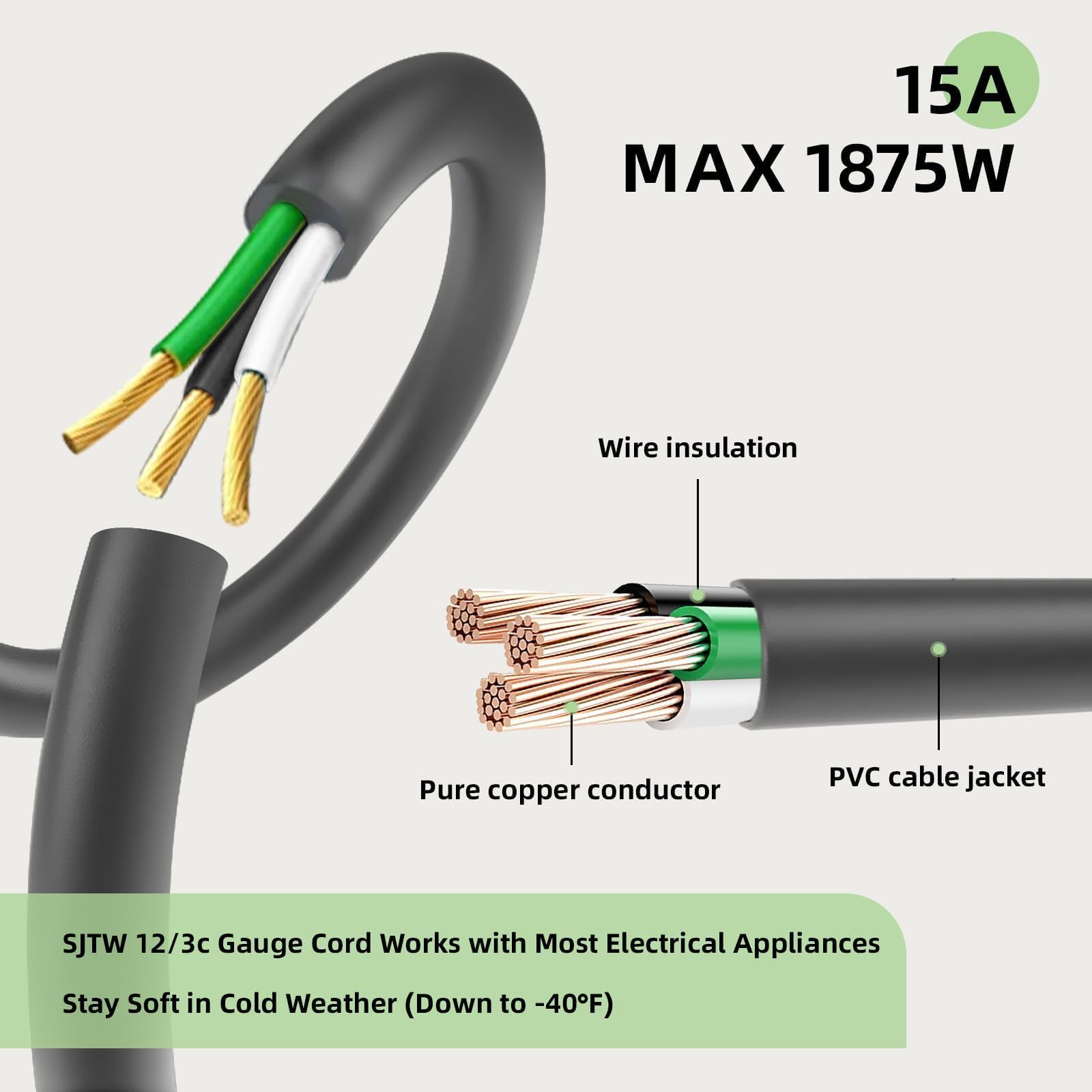 EP - Cable de extensión para exteriores de 25 pies, 12/3 SJTW cable de extensión resistente con enchufe de 3 clavijas, cable de alimentación de 15 amperios para césped, jardín, electrodomésticos, gris