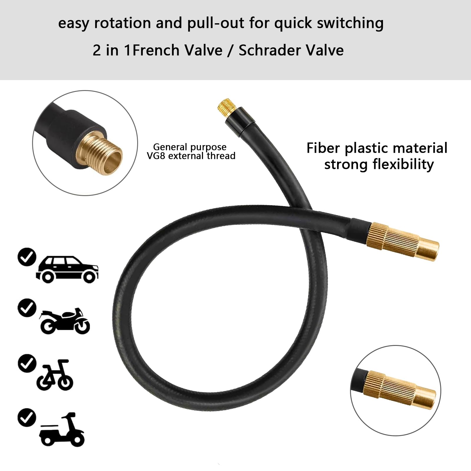 Adaptateur De Valve Schrader & Presta 2 En 1 Avec Tuyau D