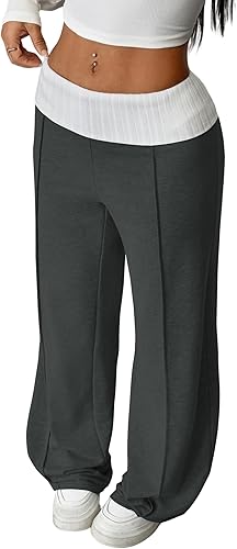 ZAFUL Women's Wide Leg Sweatpants Y2K Fold Over Rib Knit High Waisted Long Stree