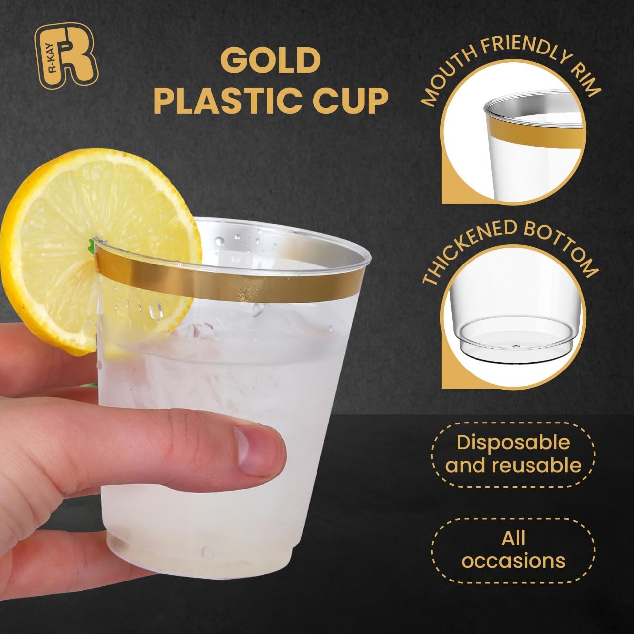 R-kay 50 Pack Gold Plastic Cups For Party - 8 Oz Clear Party Cups Disposable - Hard Disposable Cups - Heavy Duty Gold Cups - Disposable Cocktail Glasses - Plastic Glasses (Gold) - Image 5