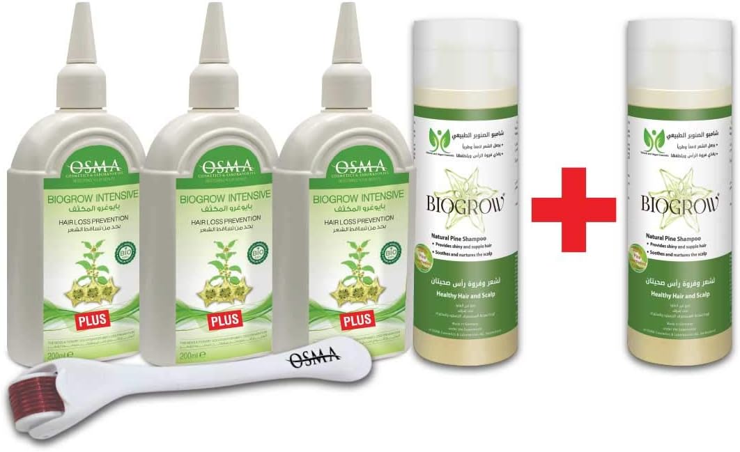 INTENSIVE PLUS COURSE_HAIR LOSS PREVENTION & ANTI DANDRUFF_(3 bottle of 200ml BIOGROW® INTENSIVE PLUS + 1 bottle of 200ml BIOGROW® PINE Shampoo+1 Scalp Roller) + 1 Shampoo for 3-month use