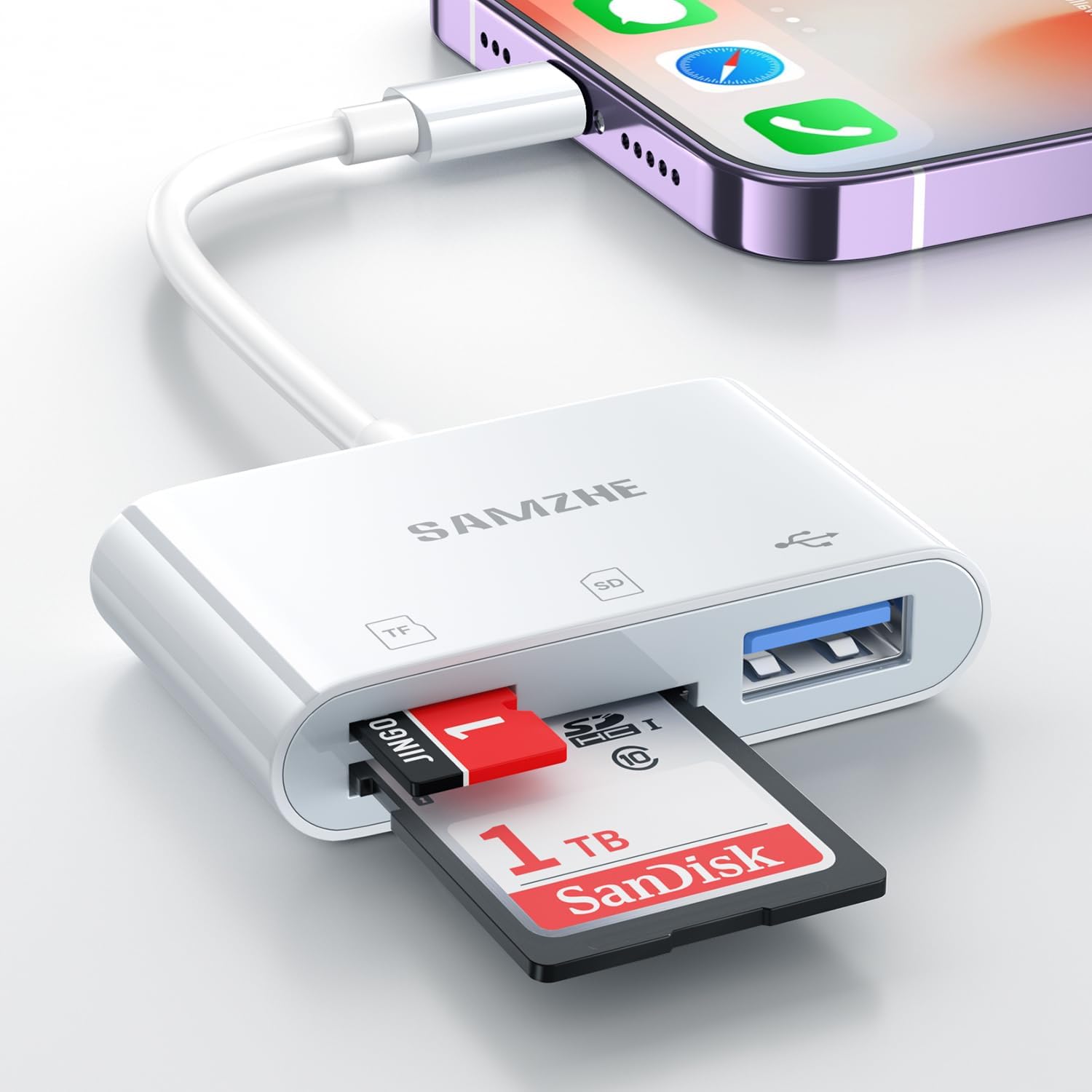 Light-ning to SD Card Reader for iPhone iPad, SAMZHE SD Card Reader Memory Card Reader Trail Camera Viewer SD Card Adapter for iPhone 14/13/12/11/XS/XR/X/8/iPad, Plug and Play