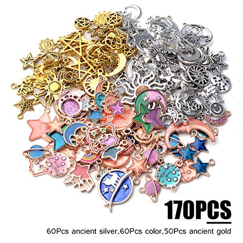 170Pcs Jewelry Celestial Charm Pendants, Assorted Gold Plated Enamel Moon Star Charms, Mixed Styles Alloy Sun Moon Star Charms Pendants Diy For Bracelet Necklace Earring Jewelry Making And Crafting #TOP1