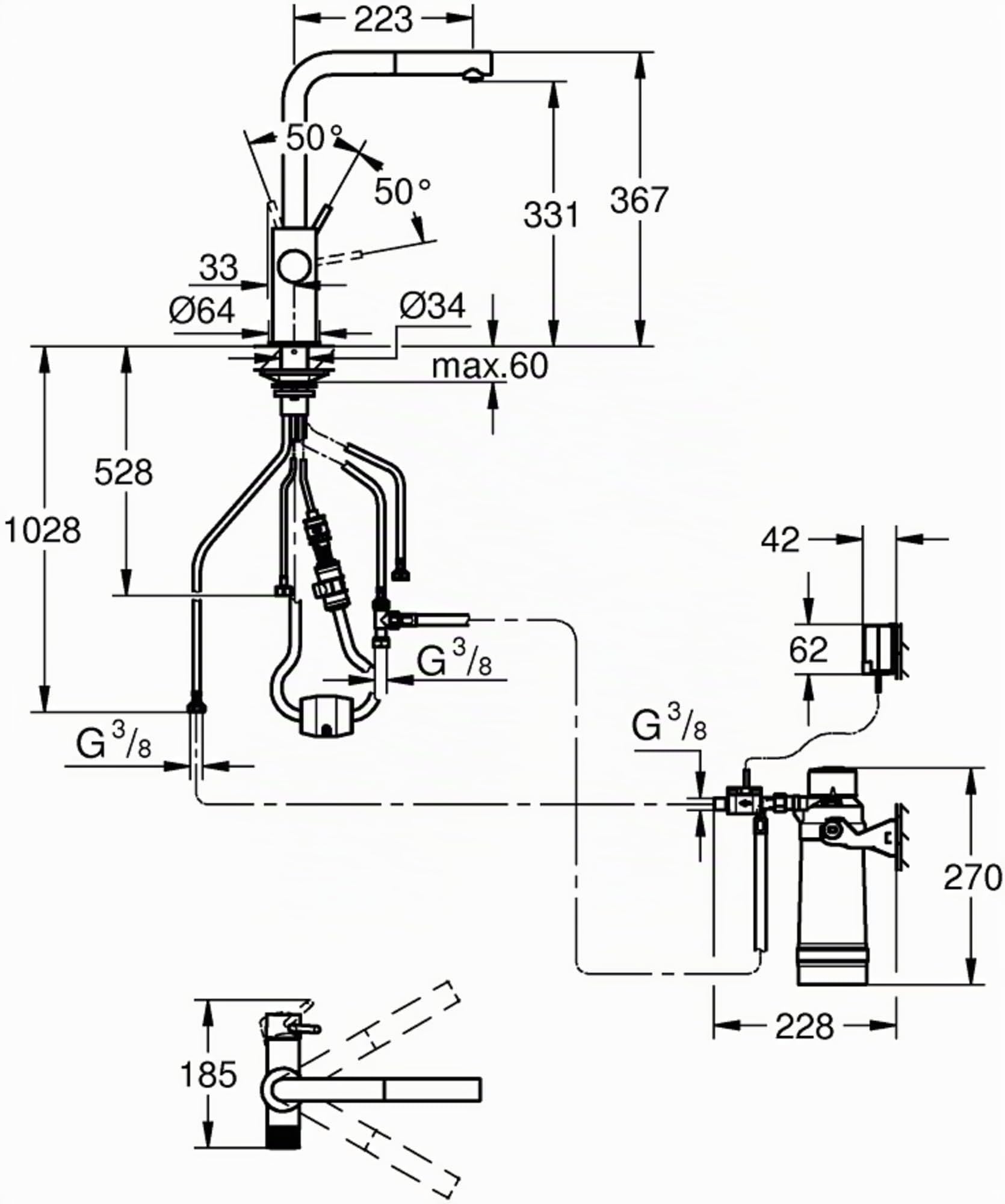 GROHE Blue Pure Minta Robinet de cuisine avec douchette extractible, avec filtre à 5 étages, taille S et compteurs, chromé