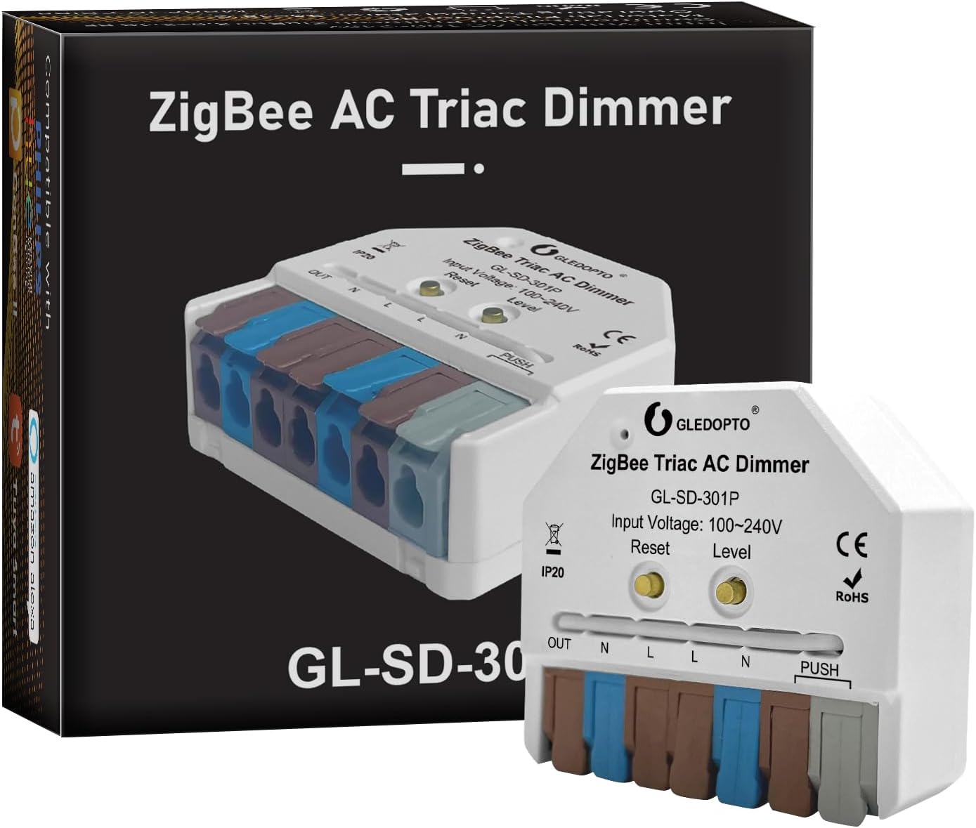 GLEDOPTO ZigBee 3.0 Triac AC Dimmer Switch Mini LED Dimmable Switch 400W Max Push Button Smart App Voice Control Work with H/ue Alexa Conbee II Homey Zigbee2mqtt Home Assistant (Hub Required)