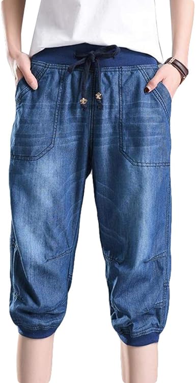 Amazon Qyyデニムパンツ レディース 七分丈 ハーフパンツ ゆったり クロップドパンツ デニム 薄手 ジーンズ ウェストゴム 着痩せ ショートパンツ 大きいサイズ 夏 ショートパンツ 通販