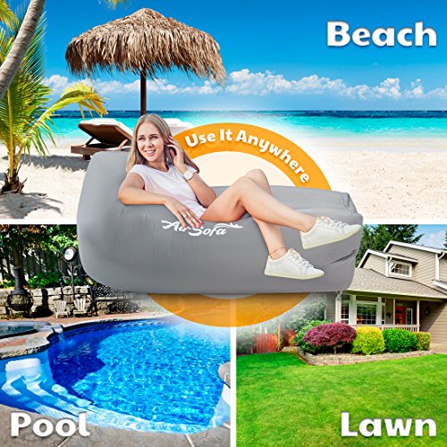 Abco Tech Inflatable Air Sofa Chair - Portable Lounger Couch & Air Hammock, Pool Float Lounge Chair - Ideal for Traveling, Camping or at Beaches – Waterproof & Lightweight – Includes Carry Bag (Gray)