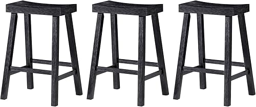 Maven Lane Vincent 26 Inch Tall Counter Height Backless Rectangular Saddle Barstool in Antiqued Black Finish with Rustic Wood Top Seat, Set of 3